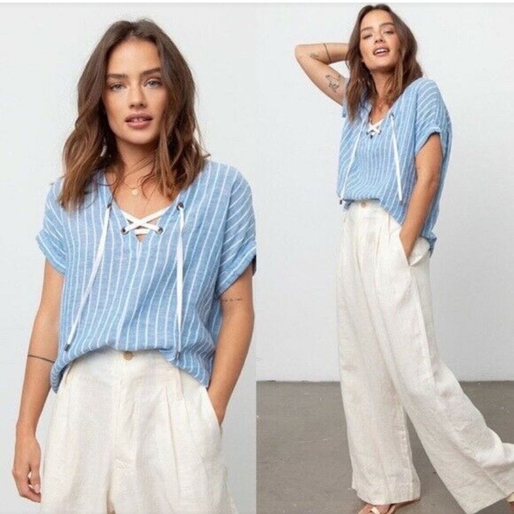 Rails XS Jeri Blue White St. Germain Stripe Short Sleeve Linen Blend Lace up Top